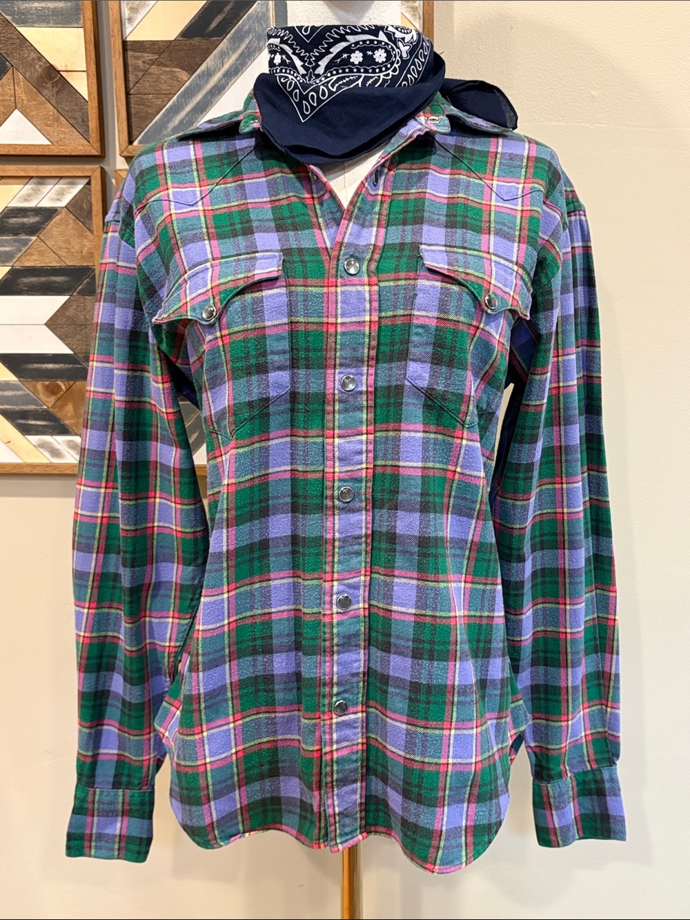 Vintage Ralph Lauren 80s Western Cotton Plaid Flannel Snap Front Top size 10